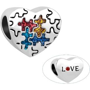 Autism Awareness Puzzle Charm Enamel Crystal Heart Love Bead Compatible with Pandora Charms Bracelets