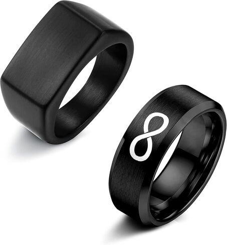 FUNRUN JEWELRY 2 قطعة خاتم أسود خاتم إنفينيتي مجموعة خواتم للرجال من الفولاذ المقاوم للصدأ لامع بلمسة نهائية لامعة ومشطوفة بحافة مصقولة مريحة تناسب هدية الزوج والأب مقاس 6-14 in Kuwait