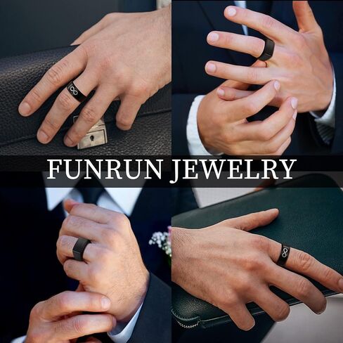 FUNRUN JEWELRY 2 قطعة خاتم أسود خاتم إنفينيتي مجموعة خواتم للرجال من الفولاذ المقاوم للصدأ لامع بلمسة نهائية لامعة ومشطوفة بحافة مصقولة مريحة تناسب هدية الزوج والأب مقاس 6-14 in Kuwait