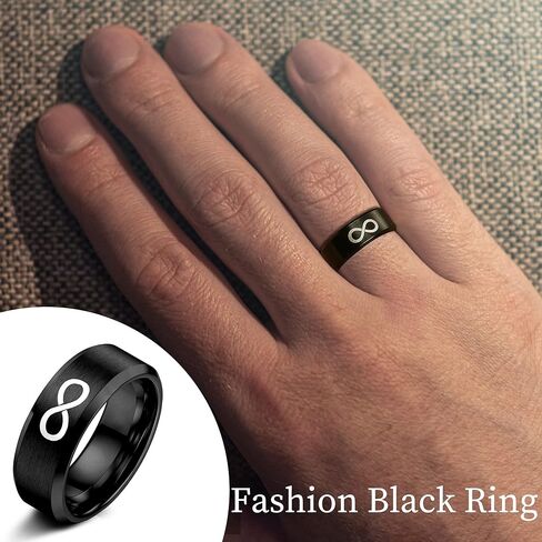 FUNRUN JEWELRY 2 قطعة خاتم أسود خاتم إنفينيتي مجموعة خواتم للرجال من الفولاذ المقاوم للصدأ لامع بلمسة نهائية لامعة ومشطوفة بحافة مصقولة مريحة تناسب هدية الزوج والأب مقاس 6-14 in Kuwait
