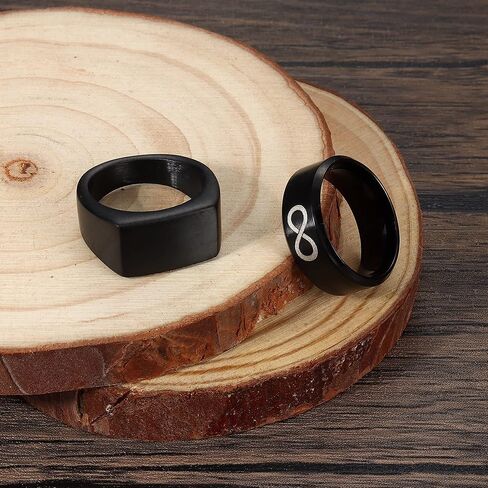 FUNRUN JEWELRY 2 قطعة خاتم أسود خاتم إنفينيتي مجموعة خواتم للرجال من الفولاذ المقاوم للصدأ لامع بلمسة نهائية لامعة ومشطوفة بحافة مصقولة مريحة تناسب هدية الزوج والأب مقاس 6-14 in Kuwait