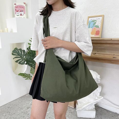 حقيبة حمل من القماش القطني، حقيبة كتف هوبو للنساء مع حزام قابل للتعديل، إغلاق بسحاب in Kuwait