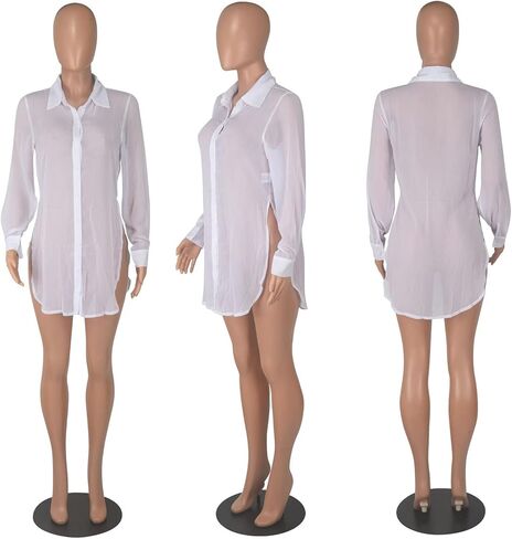 EDITCOZY Women's Sheer Cover Ups Button Up Blouse Sexy Long Sleeve Slit Hem Mesh See Through Shirts Tops in Saudi Arabia