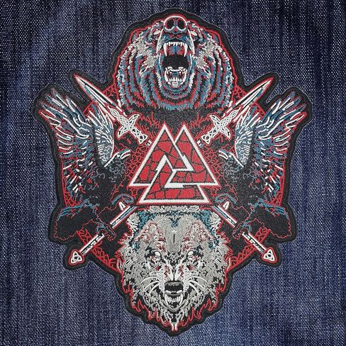 سترة دراجة نارية كبيرة مطرزة برمز نورس فايكنج اودين فالكنوت والرمح والغراب والدب والذئب ورقعة خلفية لراكبي الدراجات النارية in Kuwait