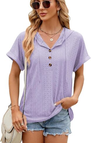 Women's Casual Summer Hoodies Short Sleeve Drawstring Hoodies Tops Button Front V Neck Pullover T-Shirts Tops in Saudi Arabia