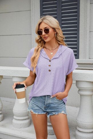Women's Casual Summer Hoodies Short Sleeve Drawstring Hoodies Tops Button Front V Neck Pullover T-Shirts Tops in Saudi Arabia