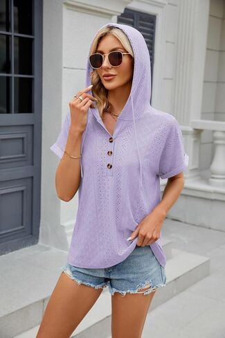 Women's Casual Summer Hoodies Short Sleeve Drawstring Hoodies Tops Button Front V Neck Pullover T-Shirts Tops in Saudi Arabia