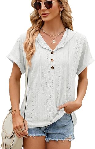 Women's Casual Summer Hoodies Short Sleeve Drawstring Hoodies Tops Button Front V Neck Pullover T-Shirts Tops in Saudi Arabia