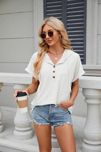 Women's Casual Summer Hoodies Short Sleeve Drawstring Hoodies Tops Button Front V Neck Pullover T-Shirts Tops in Saudi Arabia