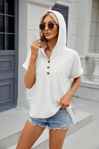 Women's Casual Summer Hoodies Short Sleeve Drawstring Hoodies Tops Button Front V Neck Pullover T-Shirts Tops in Saudi Arabia