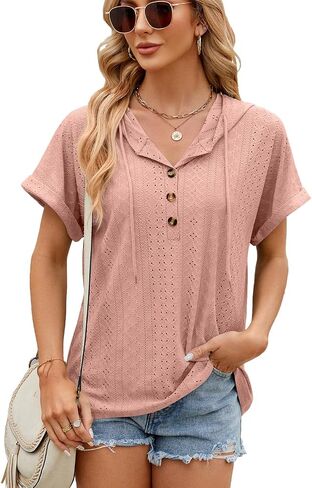 Women's Casual Summer Hoodies Short Sleeve Drawstring Hoodies Tops Button Front V Neck Pullover T-Shirts Tops in Saudi Arabia