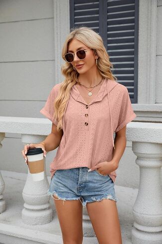 Women's Casual Summer Hoodies Short Sleeve Drawstring Hoodies Tops Button Front V Neck Pullover T-Shirts Tops in Saudi Arabia