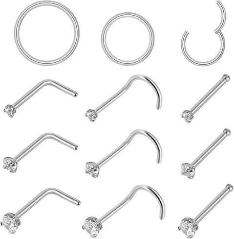 TIESOME Nose Stud Stainless Steel 12 Pieces Nose Ring Silver Fake Nose Piercing Ring Nose Ring Piercing for Artificial Lips Septum Nose Ring Fakes Set Non-Perforated Lip Ring Fake Nose Ring in Kuwait
