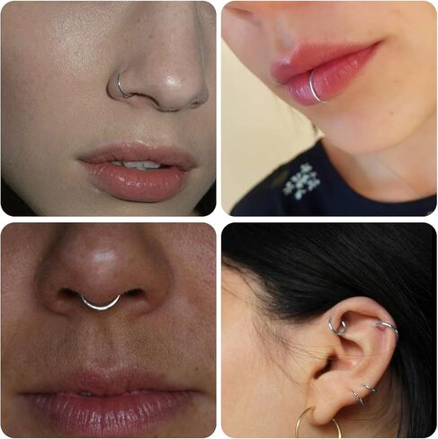 TIESOME Nose Stud Stainless Steel 12 Pieces Nose Ring Silver Fake Nose Piercing Ring Nose Ring Piercing for Artificial Lips Septum Nose Ring Fakes Set Non-Perforated Lip Ring Fake Nose Ring in Kuwait