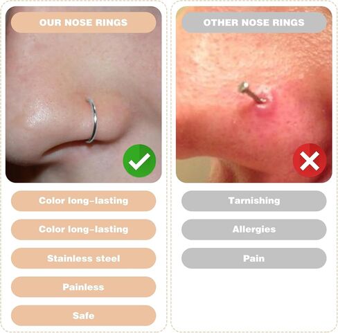 TIESOME Nose Stud Stainless Steel 12 Pieces Nose Ring Silver Fake Nose Piercing Ring Nose Ring Piercing for Artificial Lips Septum Nose Ring Fakes Set Non-Perforated Lip Ring Fake Nose Ring in Kuwait