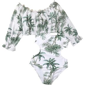 بدلة سباحة SHENHE للفتيات قطعة واحدة برقبة واسعة وطبعة استوائية مع أغطية علوية طويلة الأكمام in Kuwait