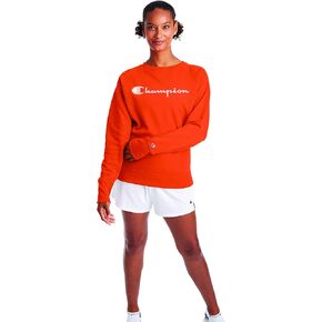 Champion Women's Powerblend Crew, Screen Print Script, Poppy Orange, Large in Saudi Arabia
