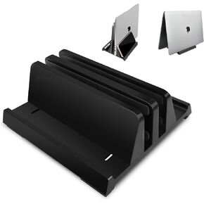 Vertical Laptop Stand Holder, Dual-Slot ABS Organizer with Adjustable Dock, 4 in 1 Design Space-Saving, Sturdy Laptop Computer Holder for PC up to 17.3 inches, MacBook, Mini PC, iPad, Surface