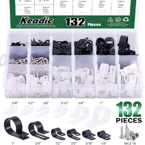 Keadic Cable Clamp 132 Pack Nylon R-Type Cord Fastener Clips Assortment Kit White and Black with 135 Pack Stainless Steel Screws, Great for Wire Management