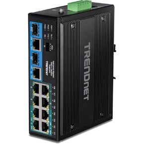 TRENDnet 10-Port Hardened Industrial Unmanaged Gigabit PoE ++ DIN-Rail Switch, 4 Gigabit PoE++ Ports, 4 Gigabit PoE+, 2 Gigabit Share Ports SFP or RJ-45, 360W Power Budget, Black, TI-BG104