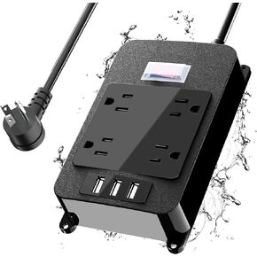 Outlet Extender, Waterproof Surge Protector Power Strip 6 Ft Cord, Outdoor Extension Cord with Multiple Outlets, 4 Wide Outlets, 3 USB Ports, Shockproof Overload Protection Black