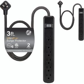 GE 6-Outlet Power Strip with USB, 6 Ft. Braided Extension Cord, 1 USB-A, 1 USB-C, for Home and Office, Black - 82595