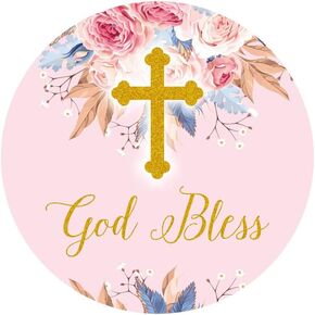 Pink and Gold Elegant Floral Cross Stickers God Bless Sticker Labels for Religious Baptism, Confirmation, Christening, First Communion - 2 Inches - 50 Count