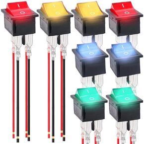 8Pcs Rocker Switch DC 12V 15,AC 15A 250V,AC 20A 125V ON Off 4 Pin 2 Position DPST LED Lighted Boat Rocker Switch for Auto Car Boat RV with Locked Terminal Wires 4Color(Red/Blue/Green/Yellow)