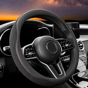 Car Steering Wheel Cover, Leather and Breathable ice Silk Fabric, Comfortable, Non-Slip, Warm in Winter and Cool in Summer, Universal 15 inch (Green)