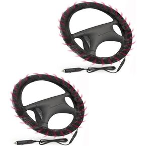 VaygWay Car Steering Wheel Cover Heated - 12v Classic Black Breathable Soft Plush Warmer Car Steering Wheel Heater- 15" Comfortable Steering Wheel Cover Protector Warmer-2 Pk