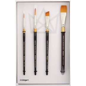 KINGART Original Gold Series Premium Golden Taklon Multimedia Artist Brushes, Painting Tools for Oil, Acrylic, Watercolor and Gouache, Gift Box, Set of 4