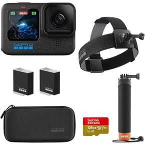 GoPro HERO12 Waterproof Action Camera with 5.3K Video Recording, 27MP Photos, Special Holiday Bundle with 128GB Memory Card & SD Adapter Complete Bundle Set (Black) (CHDRB-121-RW)