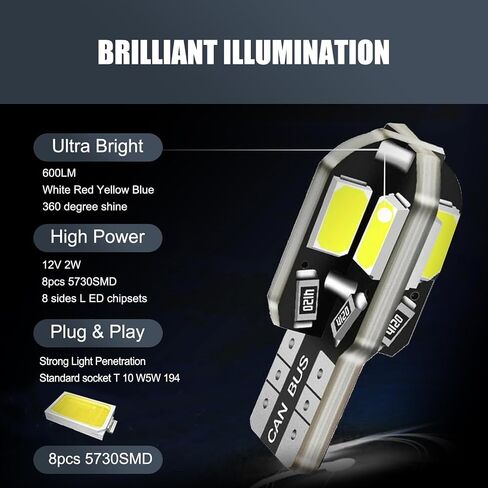 10 قطع سيارة T10 LED لمبة داخلية، 12 فولت 5730-8SMD 360 درجة زاوية إضاءة صندوق السيارة ضوء خريطة ضوء القراءة، ضوء إسفين جانبي 6500 كلفن، ضوء مصباح عالمي خالٍ من الأخطاء للسيارات (أبيض) in Saudi Arabia