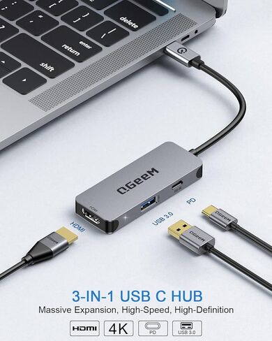 QGeeM USB C to HDMI Adapter 4K, 3 in 1 USB C Hub HDMI USB C Adapter, 100W Fast Charge, Compatible for MacBook Pro/Air/iPad Pro, Samsung Galaxy S10/S9, Surface 8 and More Type C Devices in Kuwait
