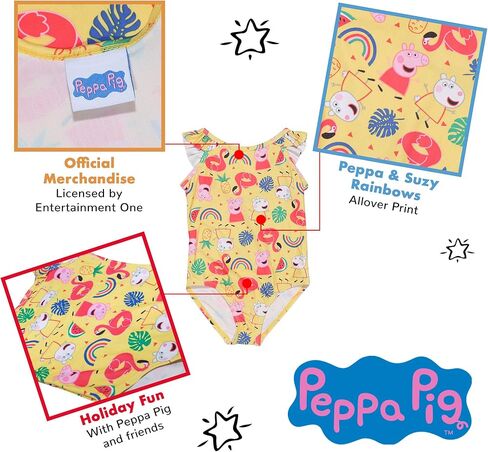 بدلة سباحة Peppa Pig and Suzy Rainbow، للفتيات، 2-6 سنوات، متعددة الألوان، بضائع رسمية in Kuwait
