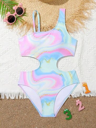 Milumia Girl's Cut Out One Piece Swimsuit Marble Print Asymmetrical Bathing Suit Swimwear in Saudi Arabia