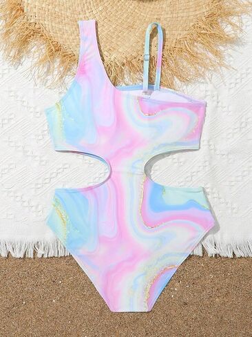 Milumia Girl's Cut Out One Piece Swimsuit Marble Print Asymmetrical Bathing Suit Swimwear in Saudi Arabia