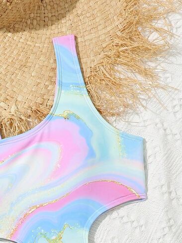 Milumia Girl's Cut Out One Piece Swimsuit Marble Print Asymmetrical Bathing Suit Swimwear in Saudi Arabia
