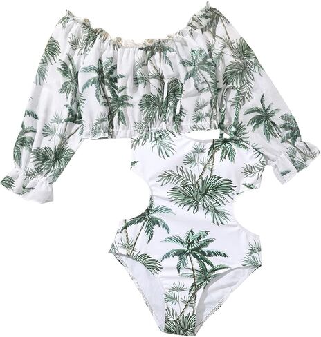 بدلة سباحة SHENHE للفتيات قطعة واحدة برقبة واسعة وطبعة استوائية مع أغطية علوية طويلة الأكمام in Kuwait