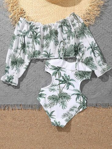 بدلة سباحة SHENHE للفتيات قطعة واحدة برقبة واسعة وطبعة استوائية مع أغطية علوية طويلة الأكمام in Kuwait