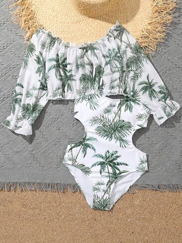 بدلة سباحة SHENHE للفتيات قطعة واحدة برقبة واسعة وطبعة استوائية مع أغطية علوية طويلة الأكمام in Kuwait