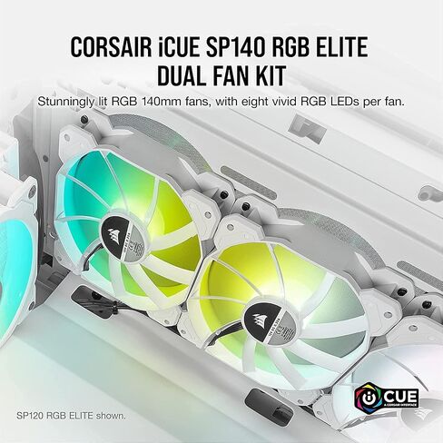 CORSAIR iCUE SP140 RGB Elite (CO-9050139) أداء 140 مم - مجموعة مراوح مزدوجة PWM بيضاء مع عقدة إضاءة CORE (متجددة) in Kuwait