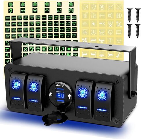 GOOACC 4 Gang Rocker Switch Box 12V SPST ON Off Switch QC 3.0 USB Charger Voltmeter Waterproof Aluminum Rocker Switch Panel Night Glow Stickers for Boats Cars RVs Trucks, 2 Years Warranty in Saudi Arabia