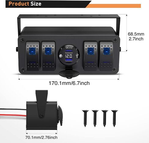 GOOACC 4 Gang Rocker Switch Box 12V SPST ON Off Switch QC 3.0 USB Charger Voltmeter Waterproof Aluminum Rocker Switch Panel Night Glow Stickers for Boats Cars RVs Trucks, 2 Years Warranty in Saudi Arabia