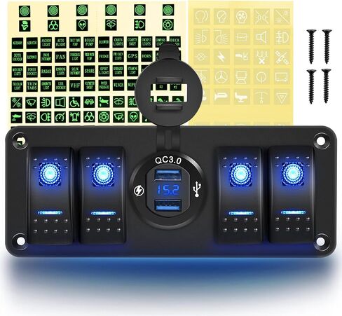 GOOACC 4 Gang Rocker Switch Box 12V SPST ON Off Switch QC 3.0 USB Charger Voltmeter Waterproof Aluminum Rocker Switch Panel Night Glow Stickers for Boats Cars RVs Trucks, 2 Years Warranty in Saudi Arabia