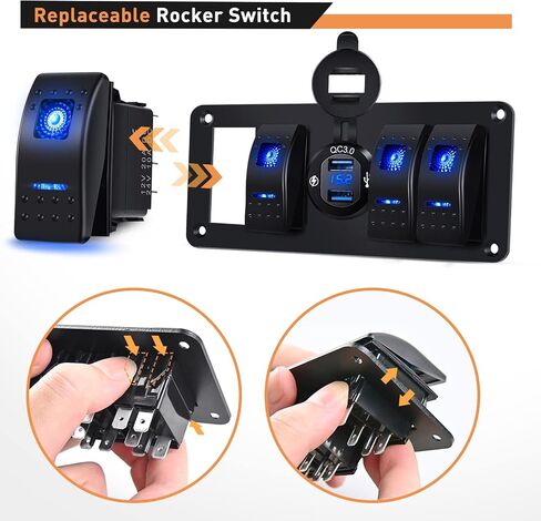 GOOACC 4 Gang Rocker Switch Box 12V SPST ON Off Switch QC 3.0 USB Charger Voltmeter Waterproof Aluminum Rocker Switch Panel Night Glow Stickers for Boats Cars RVs Trucks, 2 Years Warranty in Saudi Arabia