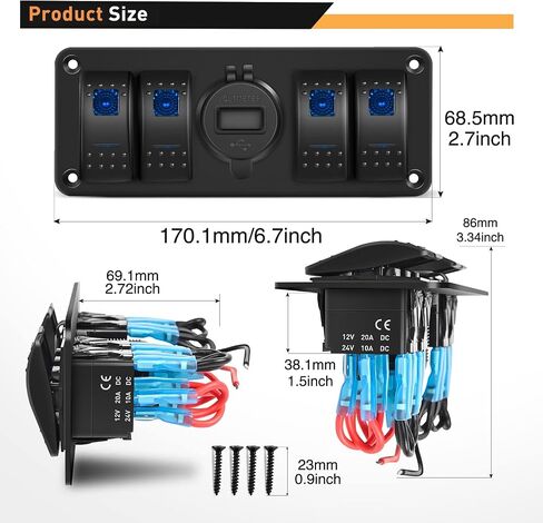 GOOACC 4 Gang Rocker Switch Box 12V SPST ON Off Switch QC 3.0 USB Charger Voltmeter Waterproof Aluminum Rocker Switch Panel Night Glow Stickers for Boats Cars RVs Trucks, 2 Years Warranty in Saudi Arabia