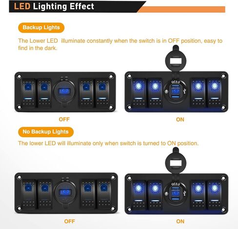 GOOACC 4 Gang Rocker Switch Box 12V SPST ON Off Switch QC 3.0 USB Charger Voltmeter Waterproof Aluminum Rocker Switch Panel Night Glow Stickers for Boats Cars RVs Trucks, 2 Years Warranty in Saudi Arabia