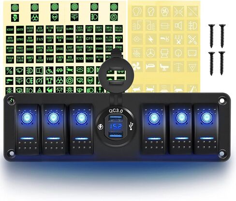 GOOACC 4 Gang Rocker Switch Box 12V SPST ON Off Switch QC 3.0 شاحن USB الفولتميتر مقاوم للماء من الألومنيوم لوحة مفاتيح الروك ملصقات توهج ليلي للقوارب والسيارات والشاحنات RVs، ضمان لمدة عامين in Saudi Arabia