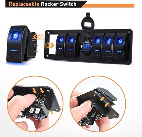 GOOACC 4 Gang Rocker Switch Box 12V SPST ON Off Switch QC 3.0 شاحن USB الفولتميتر مقاوم للماء من الألومنيوم لوحة مفاتيح الروك ملصقات توهج ليلي للقوارب والسيارات والشاحنات RVs، ضمان لمدة عامين in Saudi Arabia